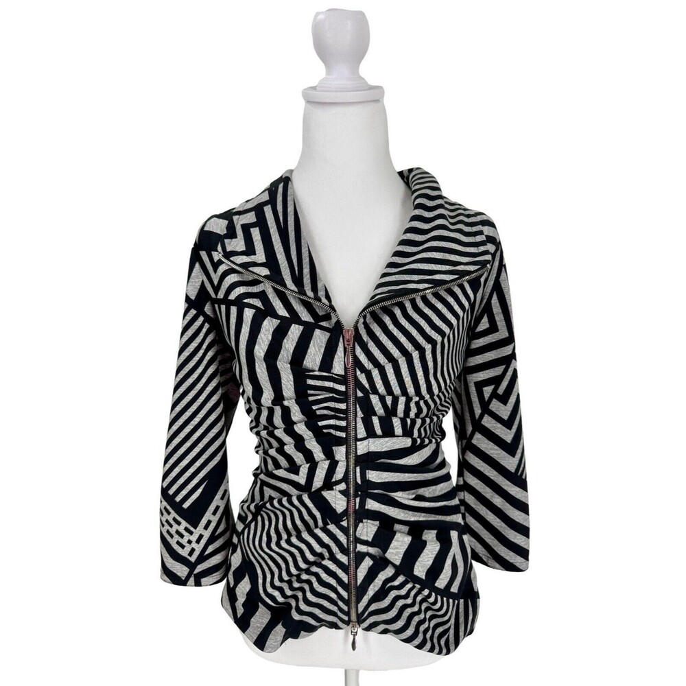 Joseph Ribkoff Gray & Black Zip Jacket With Ruched Detail Fitted Flattering Sz 6